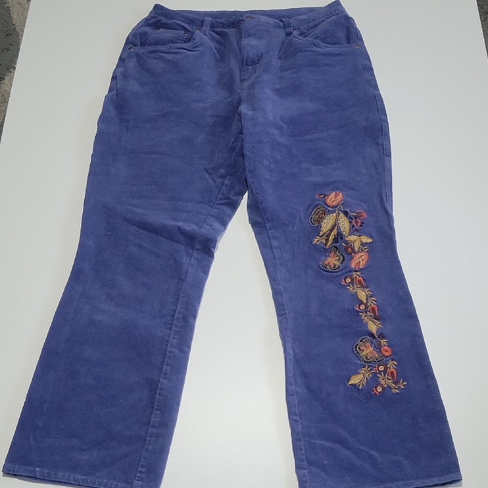 Butterfly And Floral Embroidered Blue Corduroy Pants